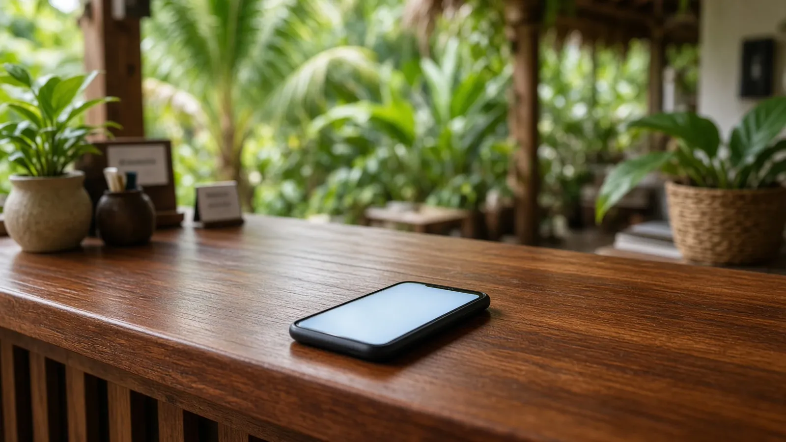A phone on an open-air hotel counter, where most guests first see a small hotel's brand