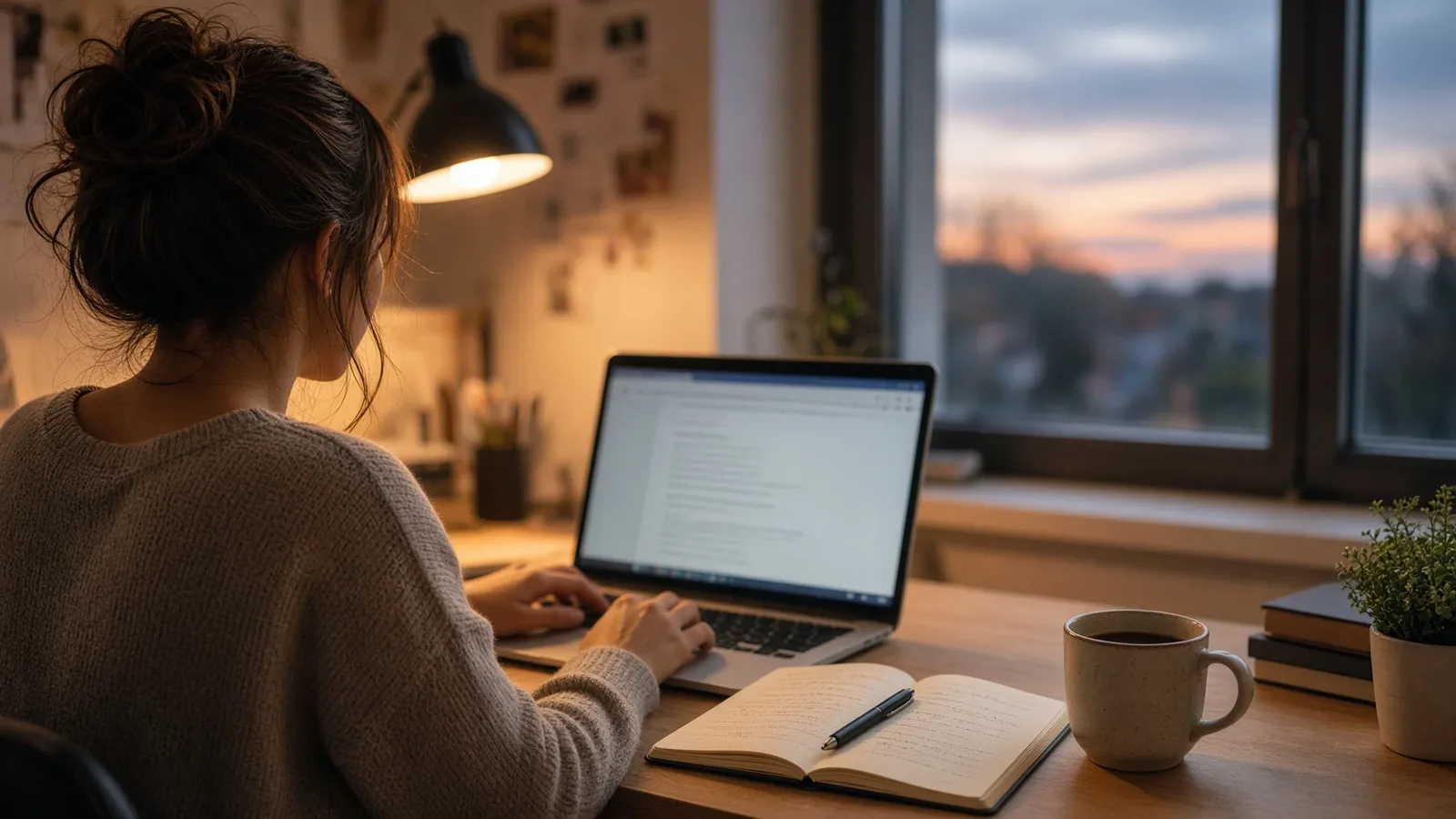 Someone researching on a laptop at a desk in the evening