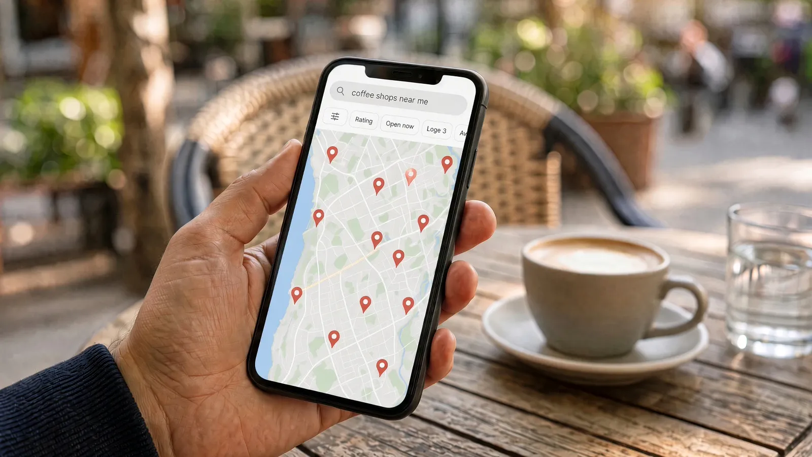 A phone showing a map search for coffee shops nearby, on a cafe table