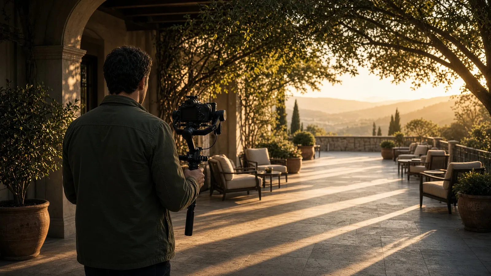 A videographer filming a hotel terrace with a handheld gimbal