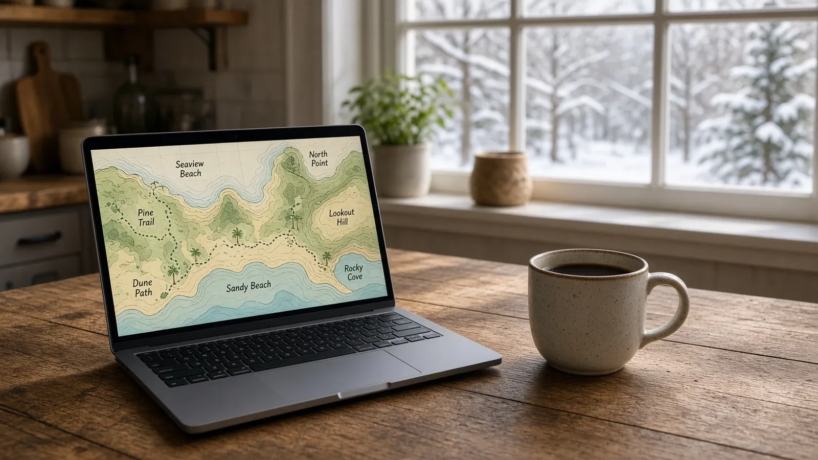 A laptop showing a beach map on a kitchen table during a northern winter