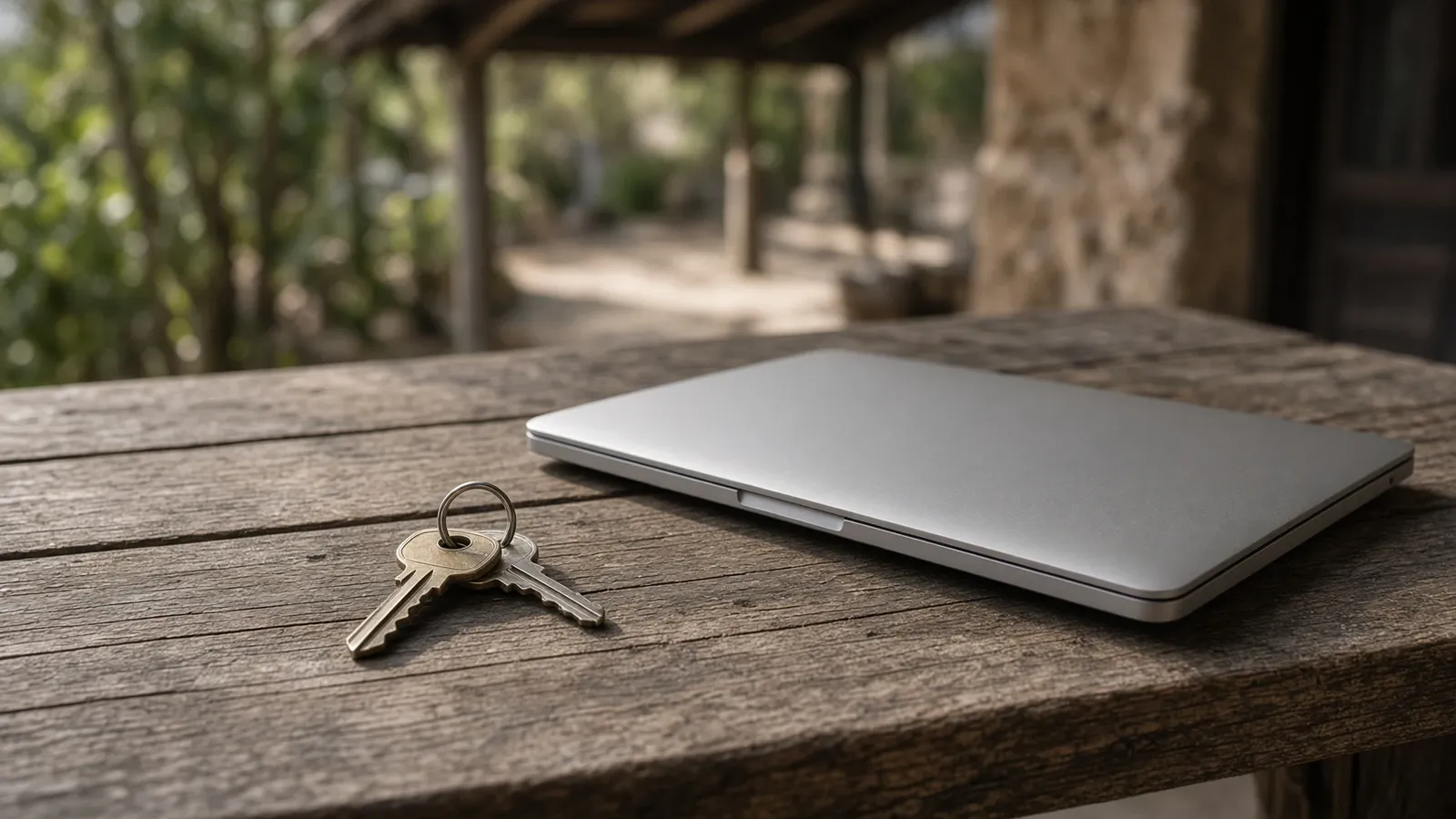 A set of keys beside a closed laptop on a terrace table