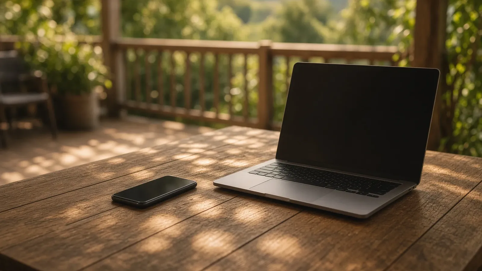 Phone and laptop on a shaded terrace table with dry hills in the background