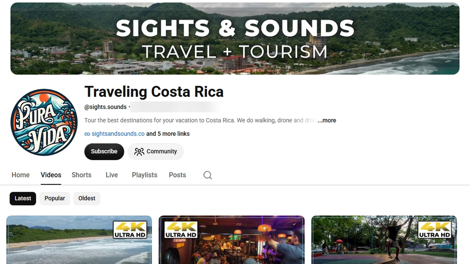 The Traveling Costa Rica YouTube channel page
