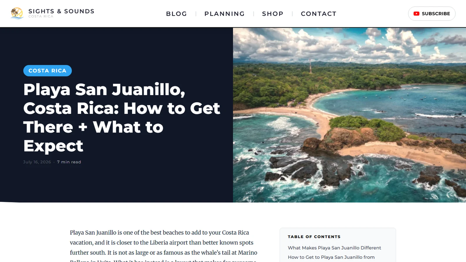 A Sights and Sounds blog post about Playa San Juanillo, built from one of the channel's videos